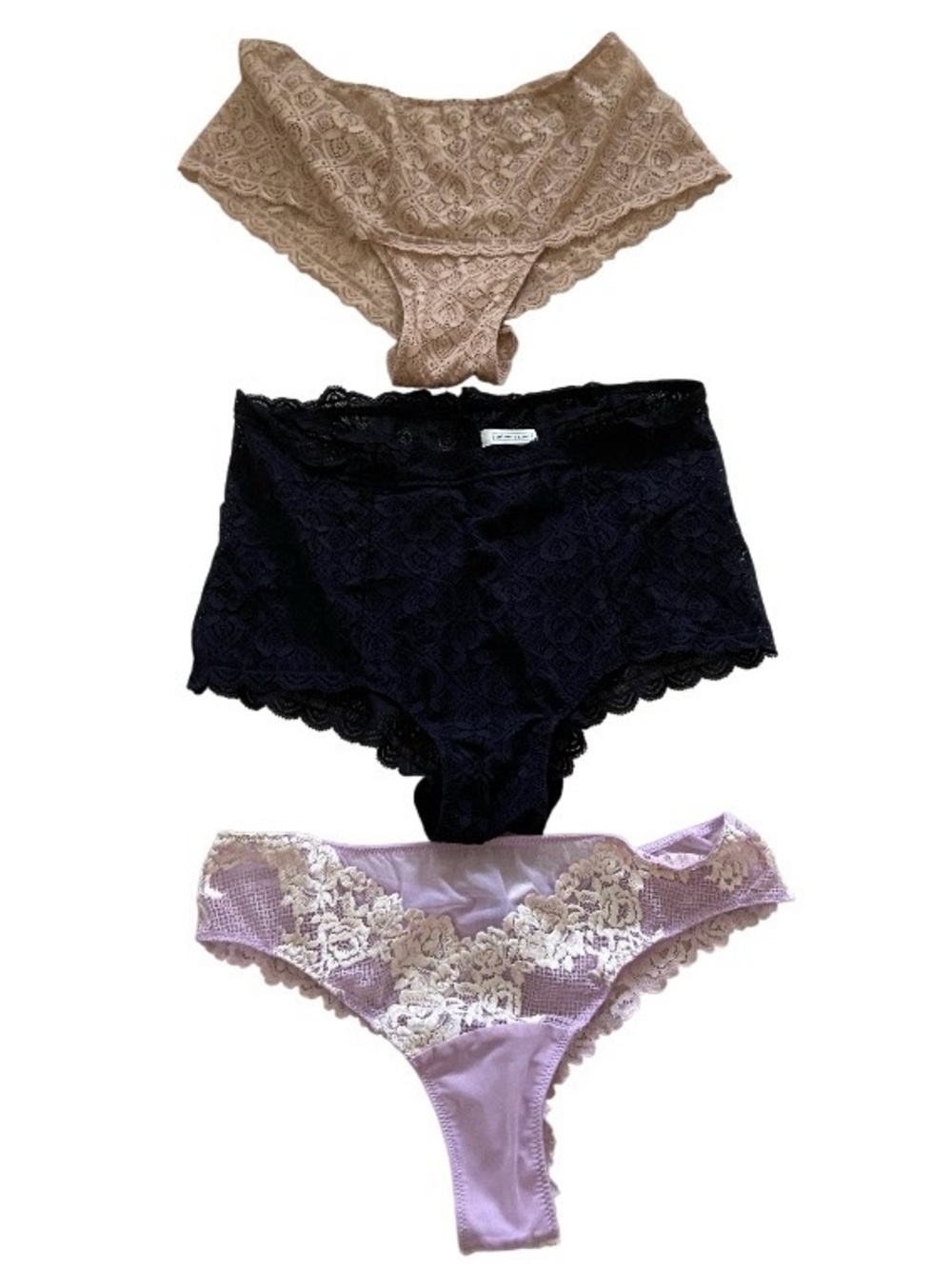 Intimissimi lace Bikini & Boyshort Panty Set Neutral, Black & Lavender thong L